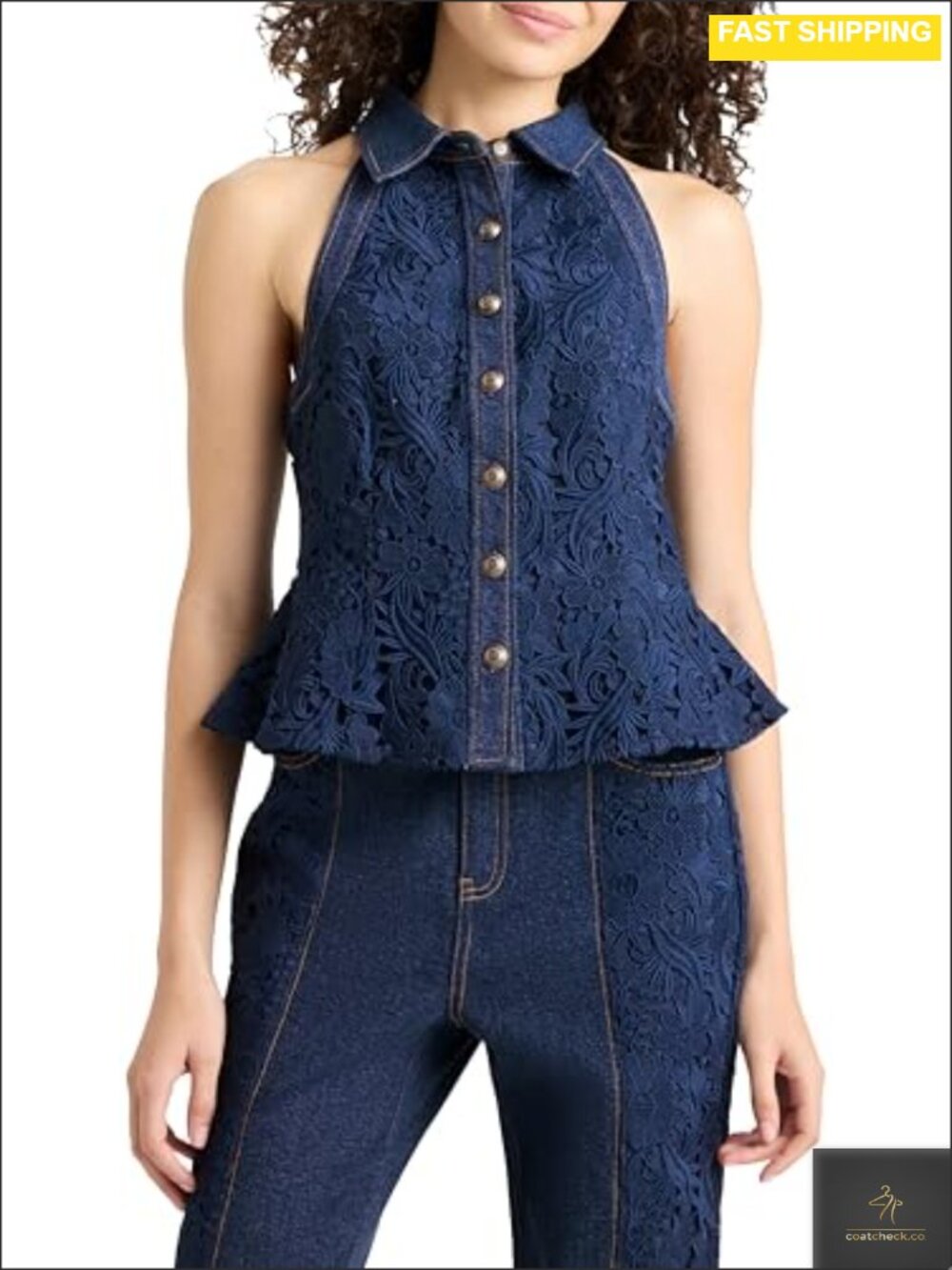 Denim Halter Tank Top Lace Button Front Hidden Zip Fitted Sleeveless